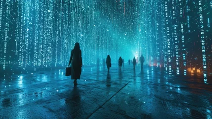Zelfklevend Fotobehang The picture of the group people that has been walking into the endless walkway that has been raining with the digital matrix green binary rain of code that seem like people search something. AIGX01. © Summit Art Creations