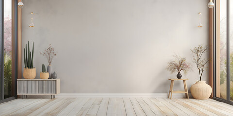 Wall Art Mockup, Interior Design, Minimalist Room With White Wall and Wooden Floor, Empty Wall