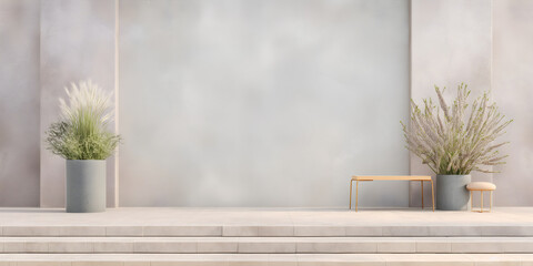 Wall Art Mockup, Interior Design, Steps With Planters and Bench, Empty Wall - obrazy, fototapety, plakaty