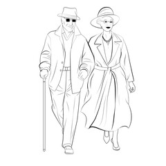 happy elderly couple walking line art