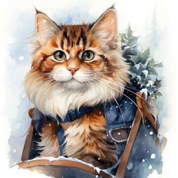 Watercolor Christmas Cat on Sled Illustration, Generative Ai
