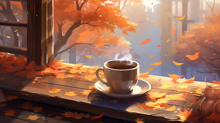 hot drinks on wooden table near a window with autumn view - obrazy, fototapety, plakaty