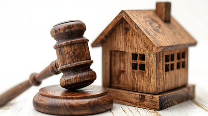 wooden house icon and gavel, white background. Wooden gavel and small house model on table. Legal real estate auction concept. Studio photography for design and print with copy space