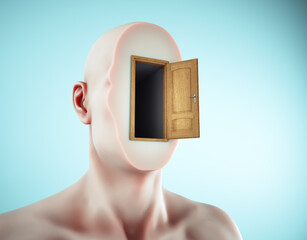 Faceless man with an opened door on head.