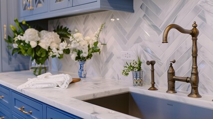 A scullery or butler's pantry detail with a bronze faucet and hardware, blue and white cabinets, and marble herringbone tile backsplash and countertop