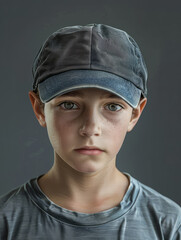 Portrait of a young boy in gray athletic wear with a cap, showing a slight hint of a smile