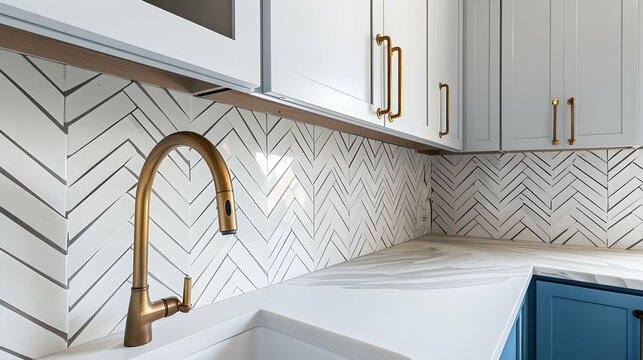 A scullery or butler's pantry detail with a bronze faucet and hardware, blue and white cabinets, and marble herringbone tile backsplash and countertop