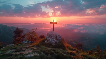 wooden cross on the top of the mountain - obrazy, fototapety, plakaty