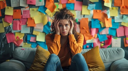 Stressed woman siting on sofa overwhelmed by sticky notes background - obrazy, fototapety, plakaty