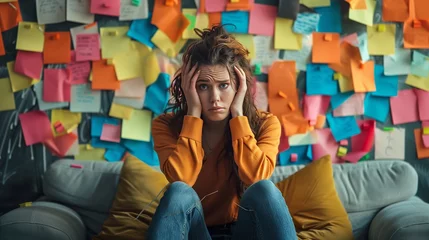 Foto op Canvas Stressed woman siting on sofa overwhelmed by sticky notes background © Vahram