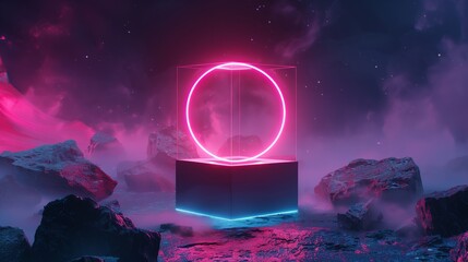 Abstract neon Square box with ring in pink background