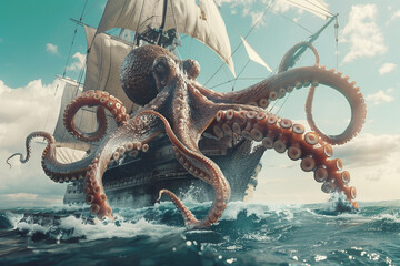 giant karken octopus destroying galleon sail with blue sky , fantasy concept