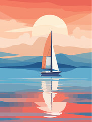 A sailboat in the red sea against the background of a beautiful sunset