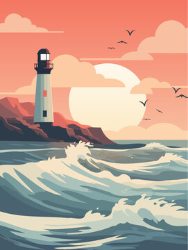 A lonely lighthouse washed by high sea waves against the background of a beautiful sunset