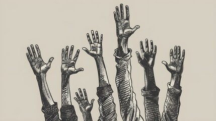 Illustration of people's hands raised up, hand-drawn illustration  - obrazy, fototapety, plakaty