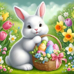 Happy Easter banner. Cute cartoon Easter White bunny with a woven basket with Easter eggs against a spring flowers and flying butterfly. Generative Ai
