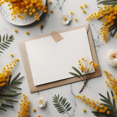 Note paper with spring mimosa flowers on table. White copy space for you text. Spring background for 8 March, Mother day or birthday with fresh mimosa and green leaves. Generative Ai