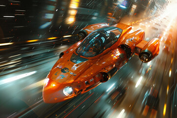orange sci-fi spaceship overtaking in the future city  , speed line - obrazy, fototapety, plakaty