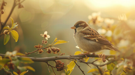Tree sparrow bird on a branch. Sparrow bird perched on tree branch. House sparrow songbird (Passer...
