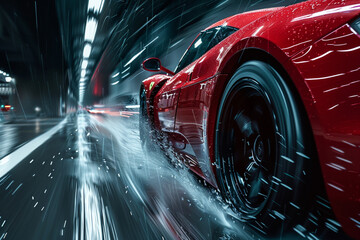 red sport car overtaking in the street , speed line effect