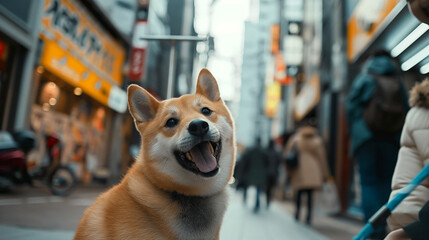 Shiba Inu in the city. Traveling and Obedient dog on street background - obrazy, fototapety, plakaty