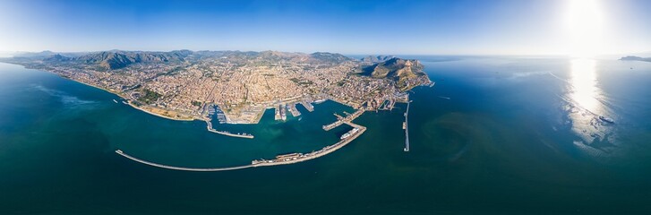 Palermo, Sicily, Italy. City port with ships and cruise ships. Sunny summer day. Panorama 360....