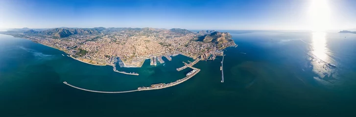 Selbstklebende Fototapeten Palermo, Sicily, Italy. City port with ships and cruise ships. Sunny summer day. Panorama 360. Aerial view © nikitamaykov
