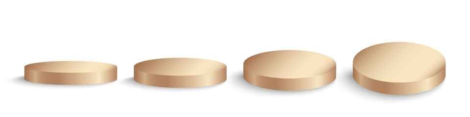 Golden round podium, winner platform or product display from different angles. Golden round stage, exhibition stand isolated on transparent background, 3d vector. 3D