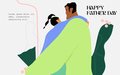 Vector Illustration Of Father Holding Baby Douther In Arms. Happy Father`s Day Greeting Card.