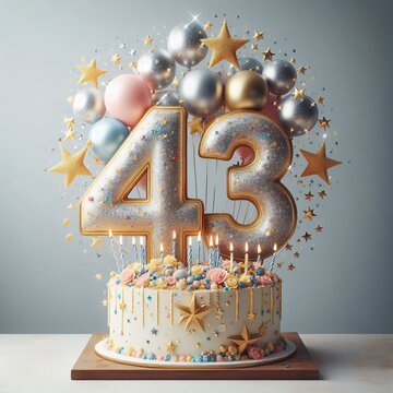 Vector Illustration of a Number 43rd Birthday Balloon Celebration Cake, Adorned with Sparkling Confetti, Stars, Glitters, and Streamer Ribbons for a Festive Atmosphere	