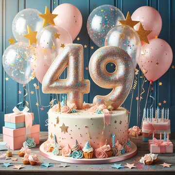 Vector Illustration of a Number 49th Birthday Balloon Celebration Cake, Adorned with Sparkling Confetti, Stars, Glitters, and Streamer Ribbons for a Festive Atmosphere	