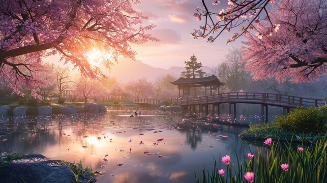 Fototapeta A serene Zen garden at sunrise, with a gently flowing stream, cherry blossoms in full bloom, and a quaint wooden bridge. Resplendent.
