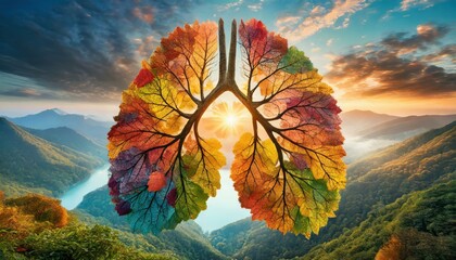 Silhouette of lungs filled with leaves in front of epic nature background