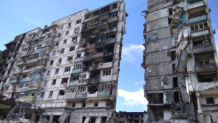 Buildings destroyed during the war in Ukraine in 2022. Destruction of the city during the war. Zone...