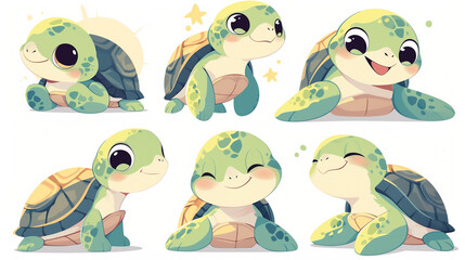 Fototapeta premium A heartwarming illustration of a smiling cute cartoon turtle set enjoying a sunny day amidst vibrant greenery on white background.