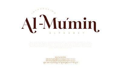 Almu'min premium luxury arabic alphabet letters and numbers. Elegant islamic  typography ramadan wedding serif font decorative vintage. Creative vector illustration