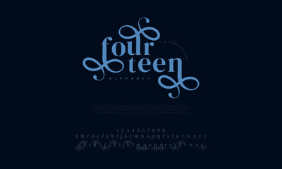 Fourteen premium luxury elegant alphabet letters and numbers. Vintage wedding typography classic serif font decorative vintage retro. Creative vector illustration