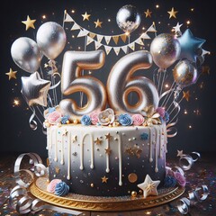 Vector Illustration of a Number 56th Birthday Balloon Celebration Cake, Adorned with Sparkling Confetti, Stars, Glitters, and Streamer Ribbons for a Festive Atmosphere	
