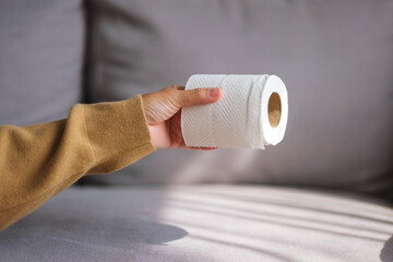 A hand holding  toilet paper at home