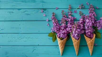 Flowers composition. Fresh lilac flowers in waffle cones on  turquoise wooden  background. Top view. - obrazy, fototapety, plakaty