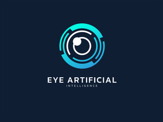 Artificial intelligence eye radar tracker with Circle Technology icon logo vector design concept. AI technology logotype symbol for search, check, examine, audit, follow, finding, verify, analyze.