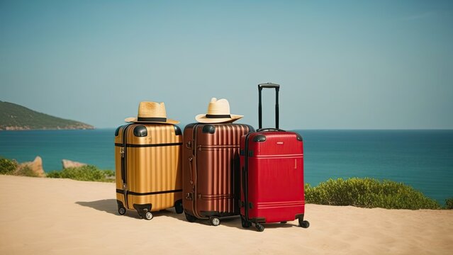 A suitcase, several suitcases with a straw hat, a tourist traveling, family suitcases, against the background of the sea, a banner