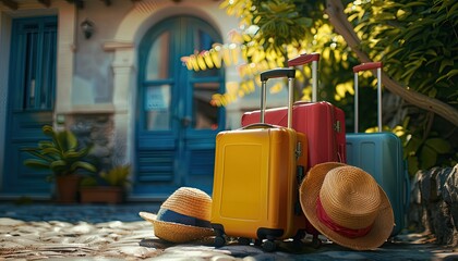 A suitcase, several suitcases with a straw hat, a tourist traveling, family suitcases, on the background of the hotel, a banner