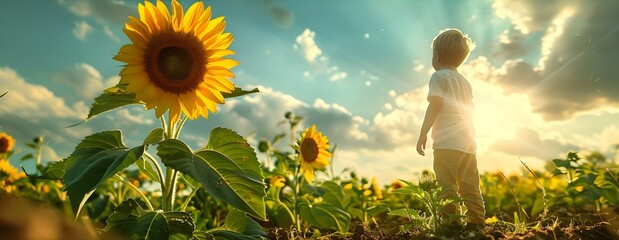 A Young Adventurer at the Captivating Beauty of a Towering Sunflower in a Verdant Countryside Landscape - obrazy, fototapety, plakaty