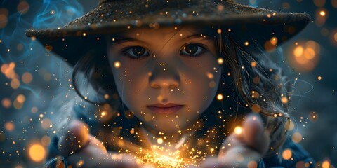 A young child with an expression of wonder and amazement their face illuminated by the shimmering glowing particles of magical - obrazy, fototapety, plakaty