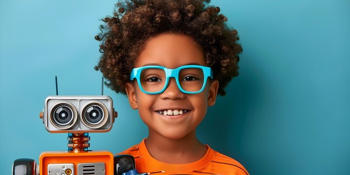A cheerful curly-haired child enthusiastically embraces a friendly robot surrounded by a vibrant blue background The image captures the joy and wonder of a young inventor