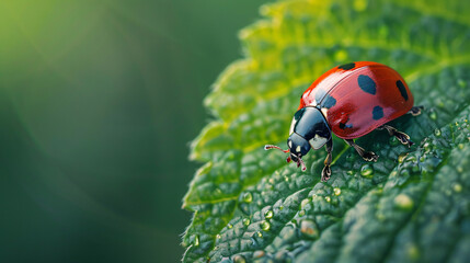 Fototapeta premium macro photo of a ladybug crawling on a leaf, capturing its vibrant red color and distinctive spots