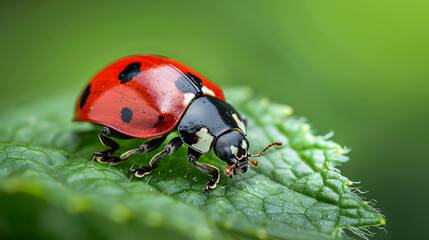 Naklejka premium macro photo of a ladybug crawling on a leaf, capturing its vibrant red color and distinctive spots