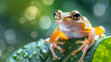 macro photo of a tiny frog perched on a leaf, showcasing its shiny skin and expressive eyes