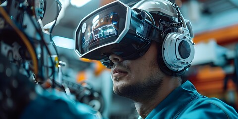 Innovative Mechanic Embracing the Future with Cutting-Edge Tools and Expertise in Futuristic Workspace